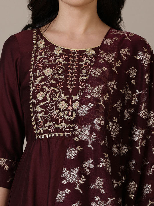 AURELIA Floral Embroidered Thread Work Round Neck Anarkali Kurta With Leggings and Dupatta