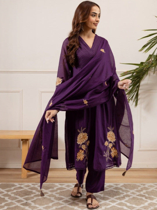 AUTUMN LANE Women Ethnic Motifs Printed Pure Cotton A-Line Kurta with Trouser & Dupatta