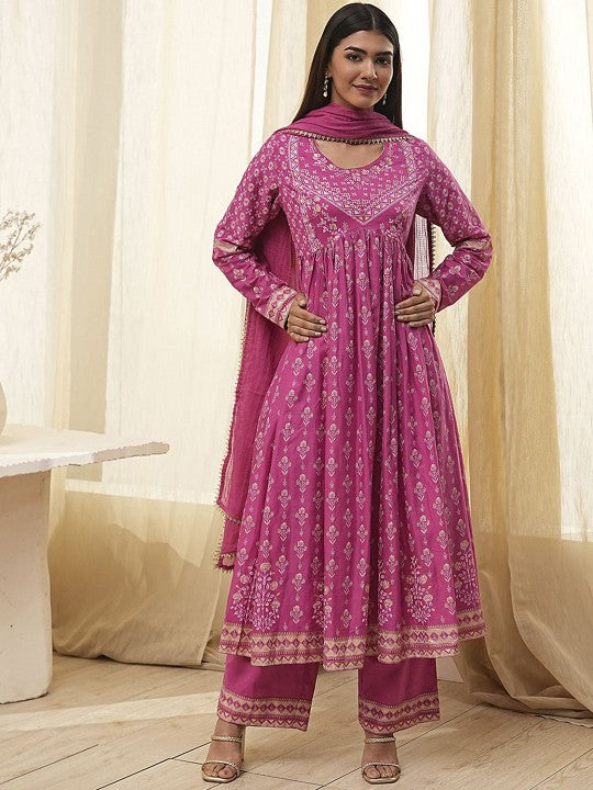 Biba Floral Printed Round neck Pure Cotton Anarkali Kurta With Palazzos And Dupatta