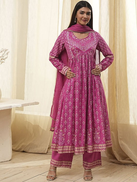 Biba Floral Printed Round neck Pure Cotton Anarkali Kurta With Palazzos And Dupatta