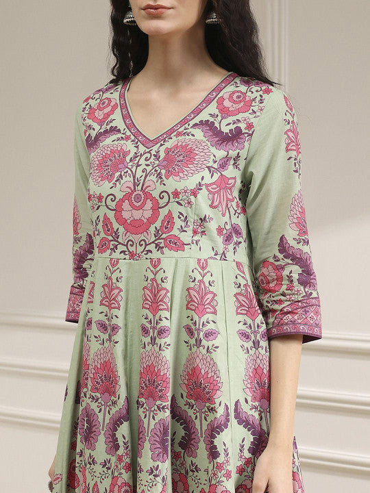Biba Floral Printed V-Neck Pure Cotton A-Line Kurta Trousers & With Dupatta