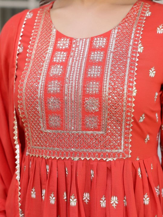 Cotton Foil Printed Yoke Design A-line Kurta Set
