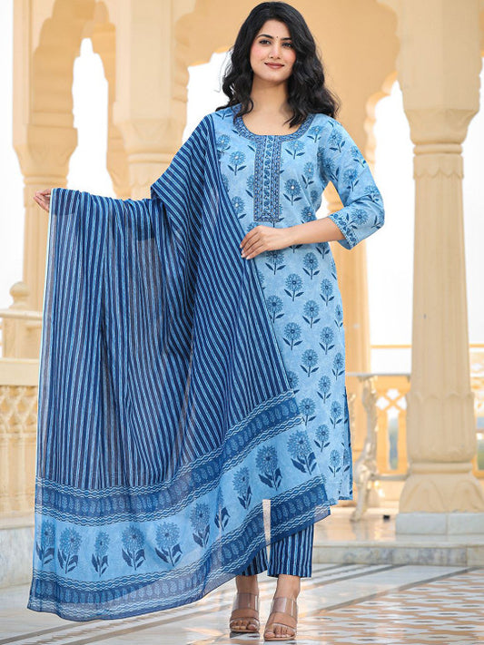 AARDRAA Floral Printed Sequinned Pure Cotton Straight Kurta With Trousers & Dupatta