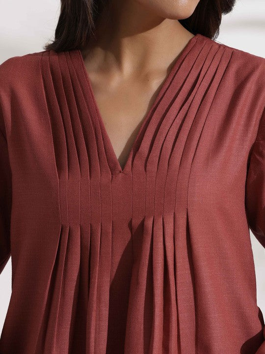 trueBrowns Pink Slub Pure Cotton Pleated Co-ord Set