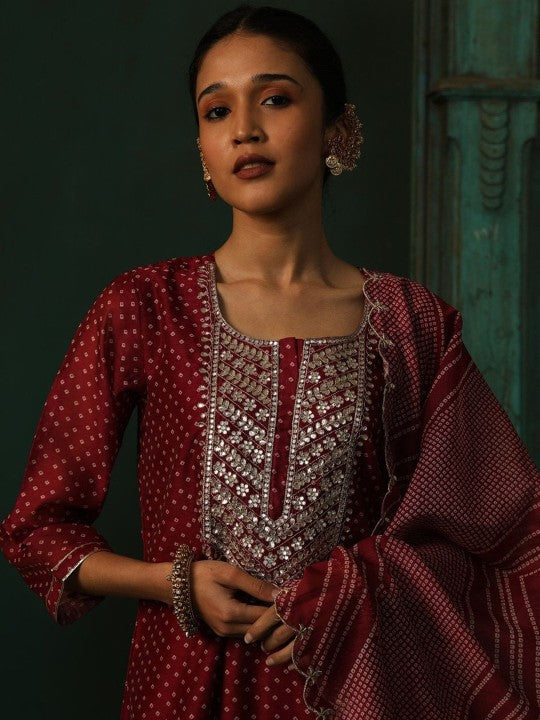 Heritage Bandhani Printed Gotta Patti Pure Cotton Straight  Kurta & Trouser With Dupatta