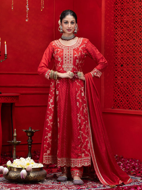 CHHAAP Floral Embroidered Panelled Anarkali Kurta with Trousers & Dupatta