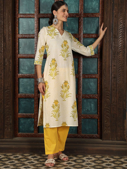 Taavi Women Floral Hand Block Print Kurta with Trousers & Dupatta