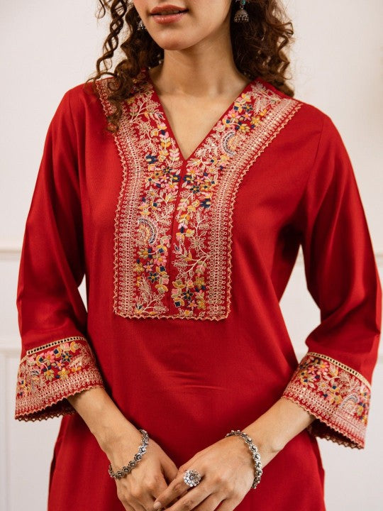 AUTUMN LANE Kabool Vermi Embroidered Pure Cotton Tunic With Trousers Co-Ords