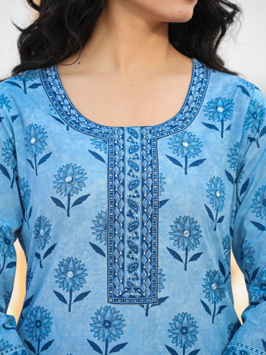 AARDRAA Floral Printed Sequinned Pure Cotton Straight Kurta With Trousers & Dupatta