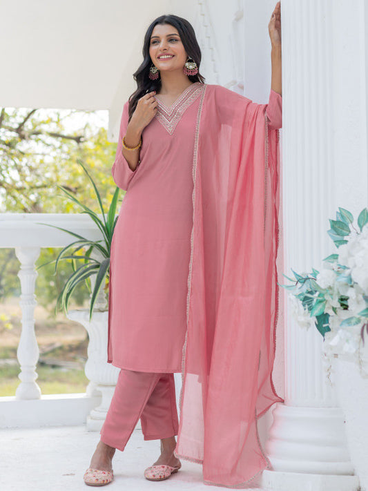 HERE&NOW Women Solid Kurta with Trouser & Dupatta