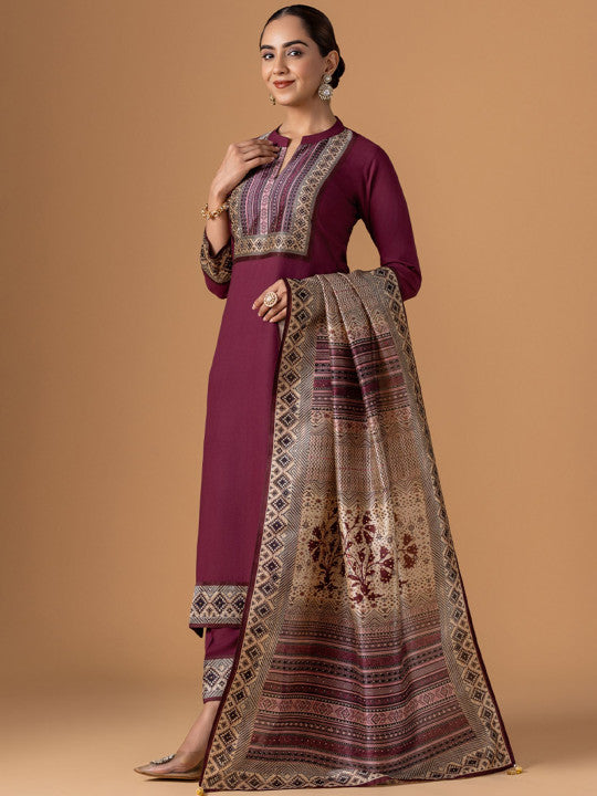 WOMEN PLUS Women Purple Rayon Suit Set With Dupatta