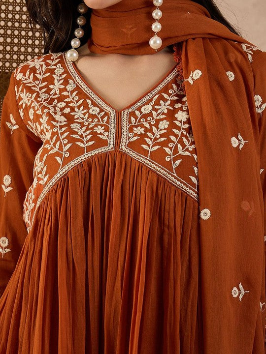 all about you Floral Embroidered V-Neck Thread Work Anarkali Kurta With Trouser & Dupatta