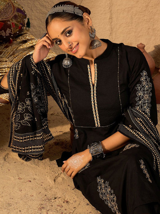 Indo Era Women Ethnic Motifs Embroidered Pure Cotton A-Line Kurta with Trouser & Dupatta