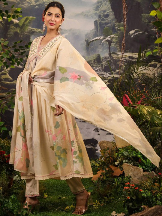 AARAAS Women Floral Embroidered Pure Cotton Anarkali Kurta with Pyjama & Dupatta