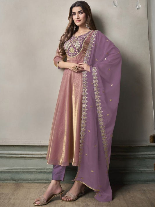 Inddus Women Floral Yoke Design Thread Work A-Line Crushed Organza Kurta