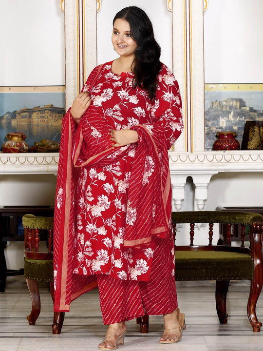 Swasti Plus Size Floral Printed Regular Pure Cotton Kurta With Trousers & Dupatta