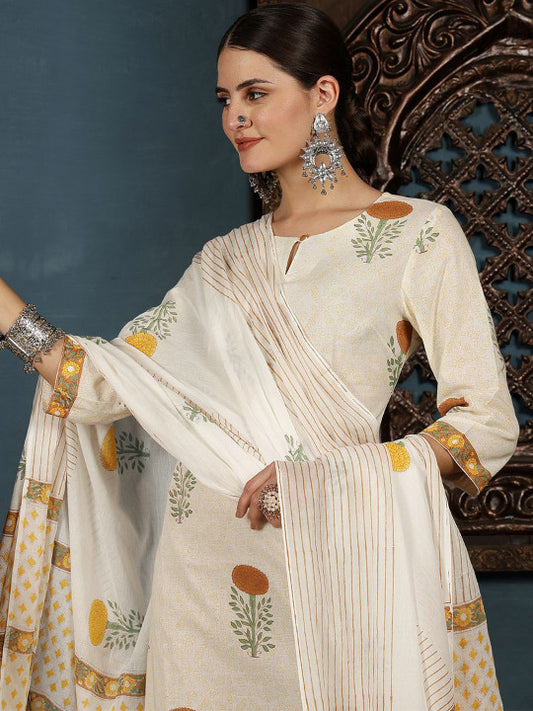 Taavi Floral Hand Block Print Pure Cotton Straight Kurta With Trousers & Dupatta