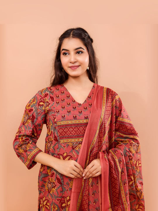 VASVI Women Floral Printed Pure Cotton Kurta with Trousers & Dupatta