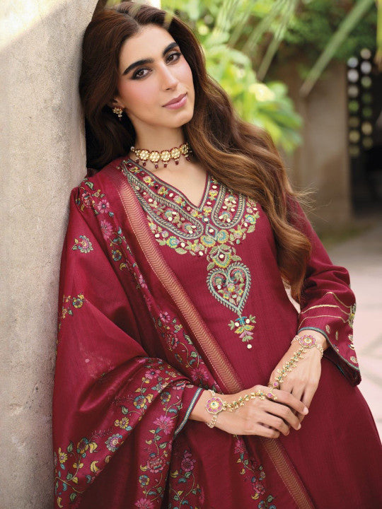 AUTUMN LANE Women Embroidered Sequinned Pure Cotton Kurta with Harem Pants & Dupatta