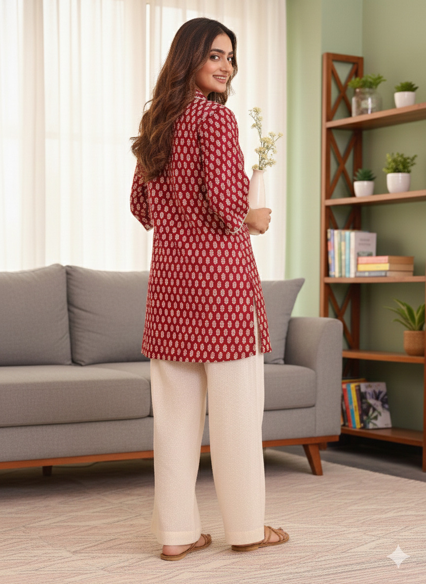 Soft Cotton Butti Straight Maroon Top