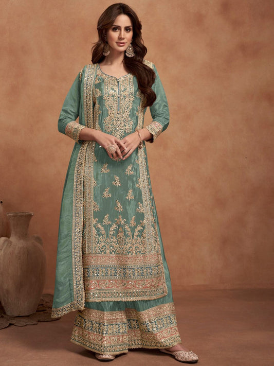 SURATSUIT Women Floral Embroidered Regular Mirror Work Kurta with Palazzos & With Dupatta