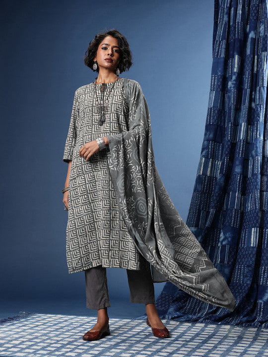 Taavi Printed Tie-Up Neck Kashish Indigo Kurta with Trouser & Dupatta