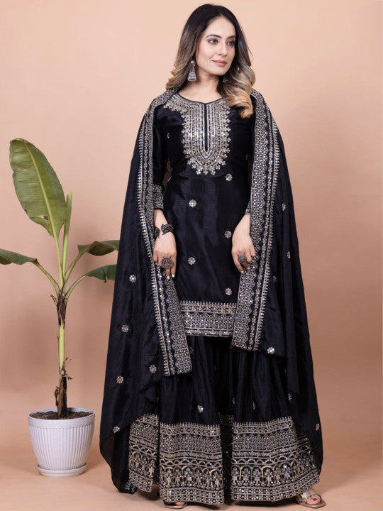 TEEYA CREATION Floral Embroidered Thread Work Kurta With Sharara & Dupatta