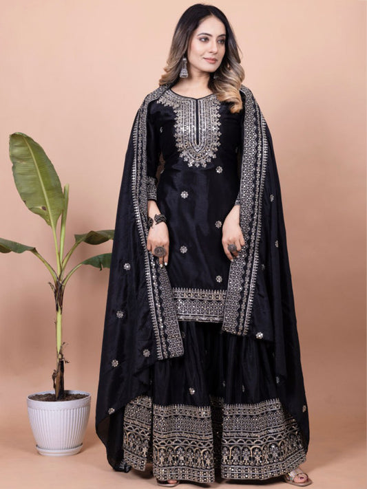 TEEYA CREATION Floral Embroidered Thread Work Kurta With Sharara & Dupatta