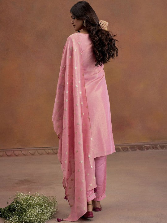 Jaipur Kurti Floral Embroidered Thread Work Straight Kurta With Trousers & Dupatta