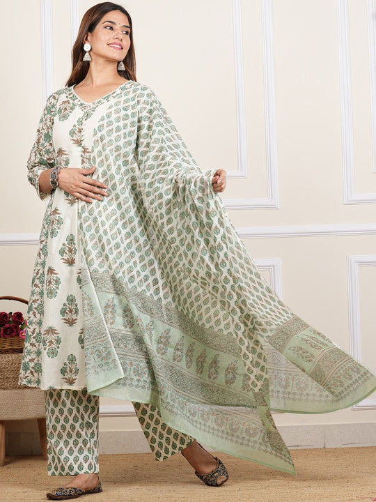 YASH GALLERY Floral Printed Regular Pure Cotton Kurta With Trouser With Dupatta