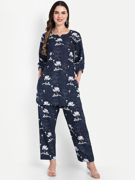TILISM Floral Printed Round Neck Three-Quarter Sleeves Pure Cotton Top With Trouser