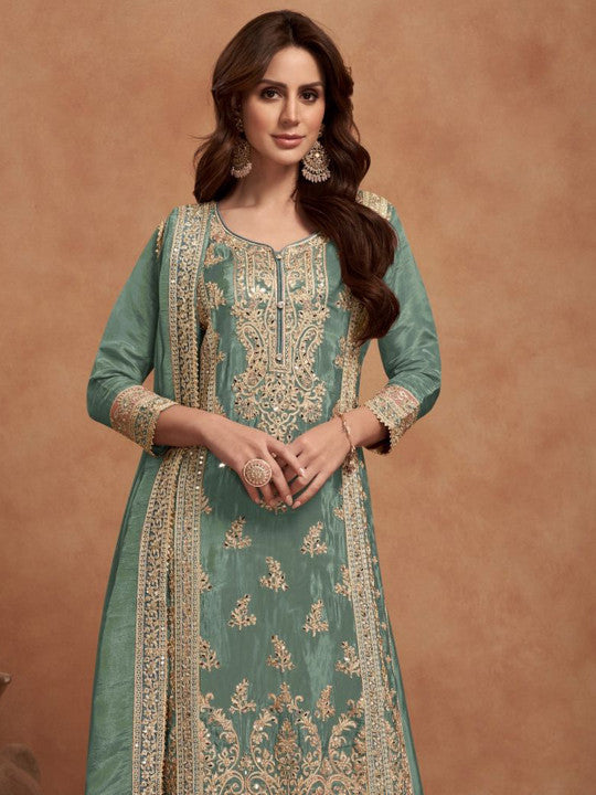 SURATSUIT Women Floral Embroidered Regular Mirror Work Kurta with Palazzos & With Dupatta