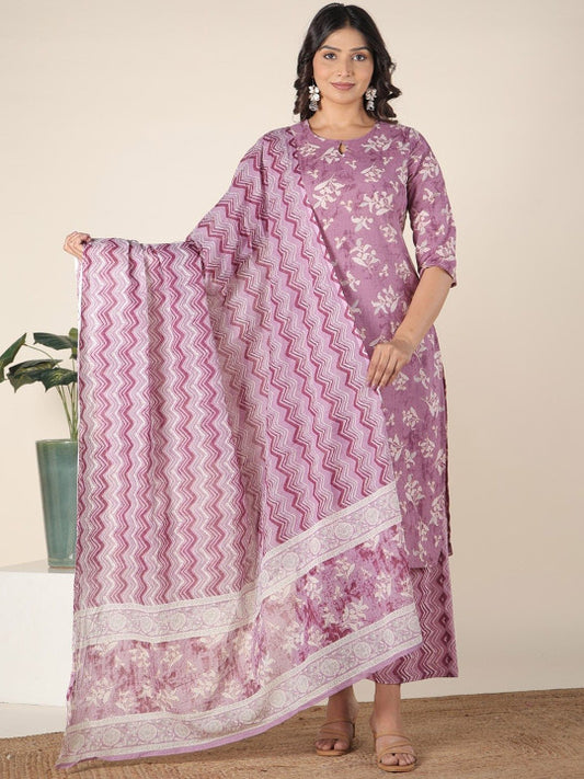 Aramya Women Floral Printed Regular Pure Cotton Kurta with Trousers & With Dupatta