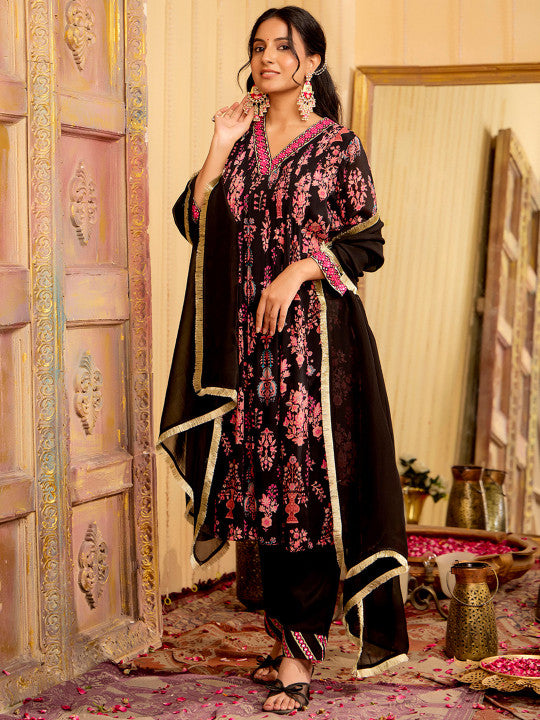 Jaipur Kurti Floral Printed V-Neck A-Line Kurta With Trousers And Dupatta