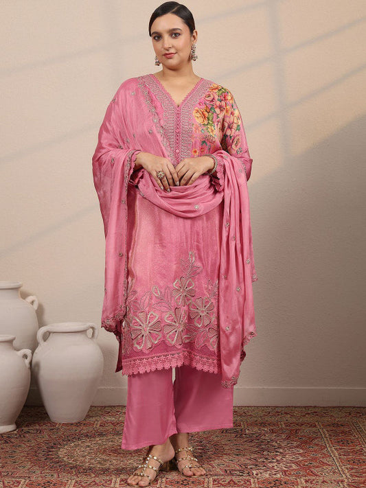 EXTRA LOVE BY LIBAS Floral Printed V-Neck Straight Kurta With Trousers & Dupatta