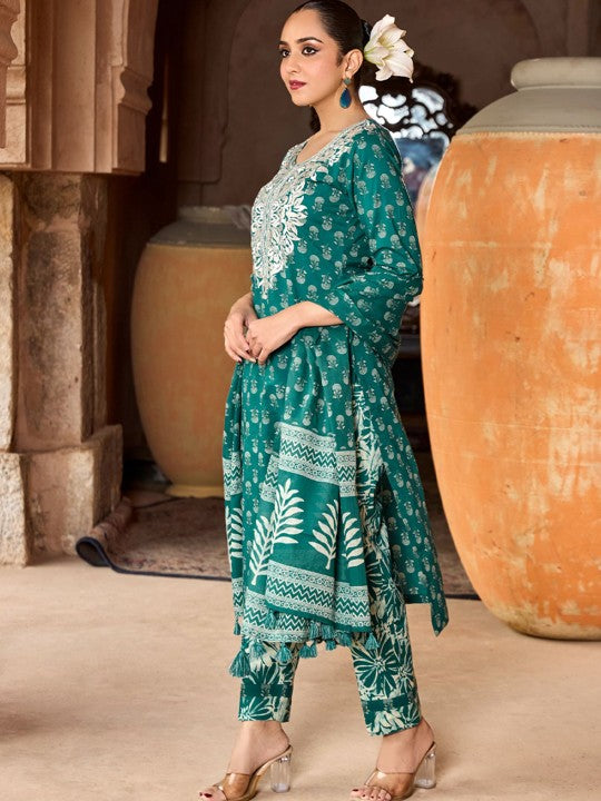WOMEN PLUS Ethnic Motifs Printed Thread Work Pure Cotton Kurta with Trousers & Dupatta