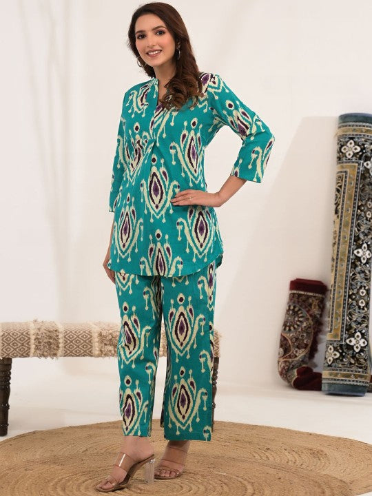 Printed Cotton V-Neck Tunic With Trousers Co-Ords