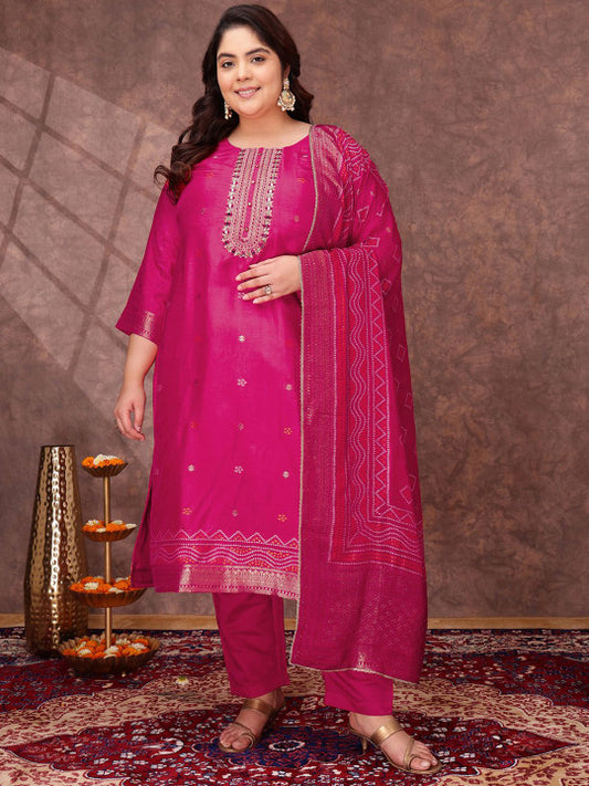 INDDUS PLUS Women Floral Yoke Design Regular Sequinned Kurta with Trousers & With Dupatta