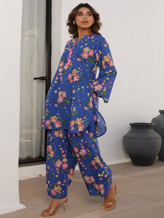 TARA-C-TARA Floral-Printed Pure Cotton Tunic With Palazzo Co-Ords