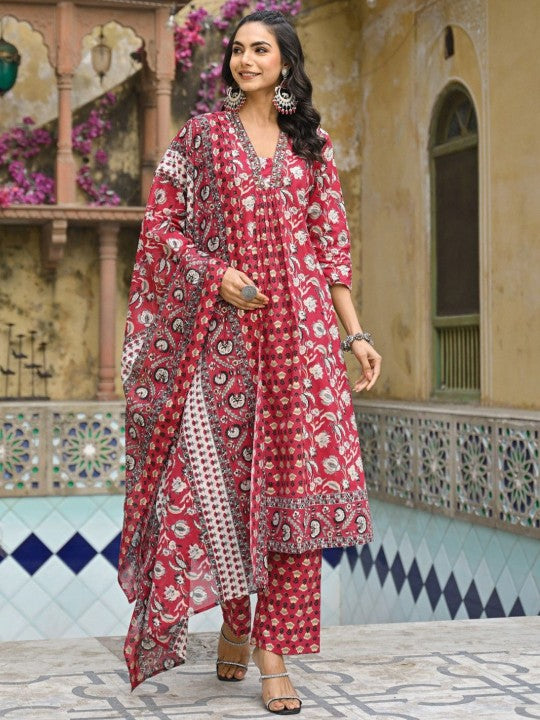 AUTUMN LANE Floral Printed Empire V-Neck Pure Cotton Kurta with Palazzo And Dupatta