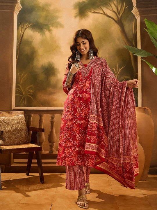 Floral Printed V-Neck Sequinned Cotton Straight Kurta With Trouser & Dupatta