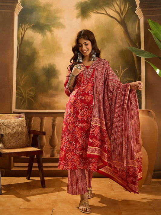 Floral Printed V-Neck Sequinned Cotton Straight Kurta With Trouser & Dupatta