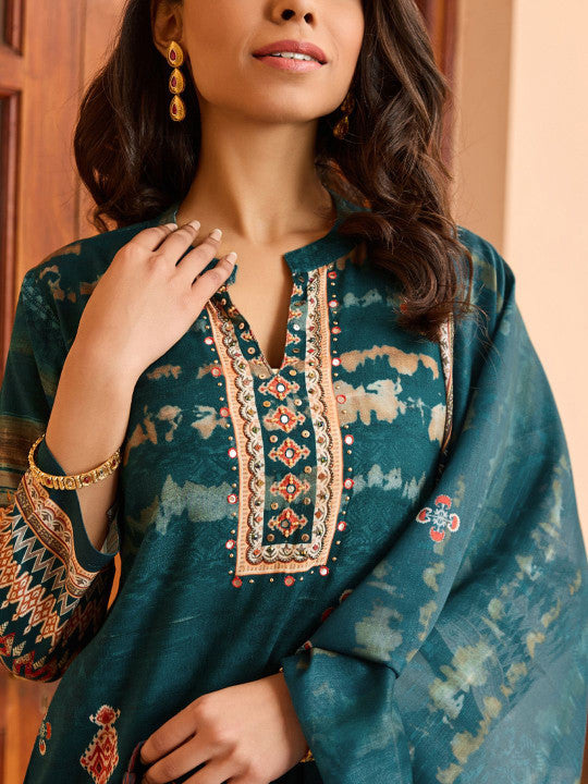 WOMEN PLUS Ethnic Motifs Printed Regular Mirror Work Kurta With Trousers & Dupatta