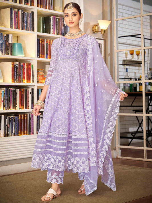 House of Pataudi Women Embroidered Pure Cotton Anarkali Kurta with Trouser & Dupatta