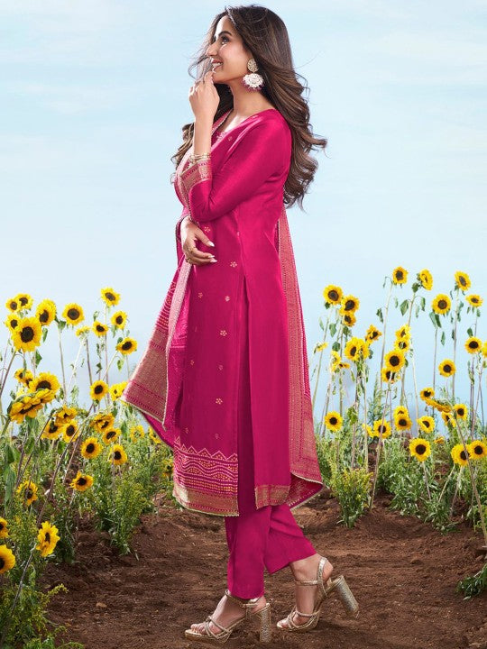 Inddus Floral Embroidered Sequnnied Jacquard Straight Kurta