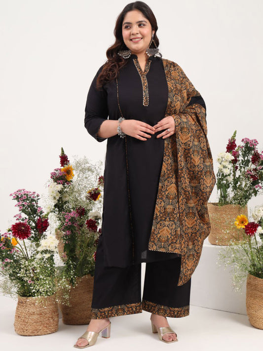 Tissu Plus Size Floral Yoke Design Gotta Patti Pure Cotton Kurta & Palazzo & Dupatta
