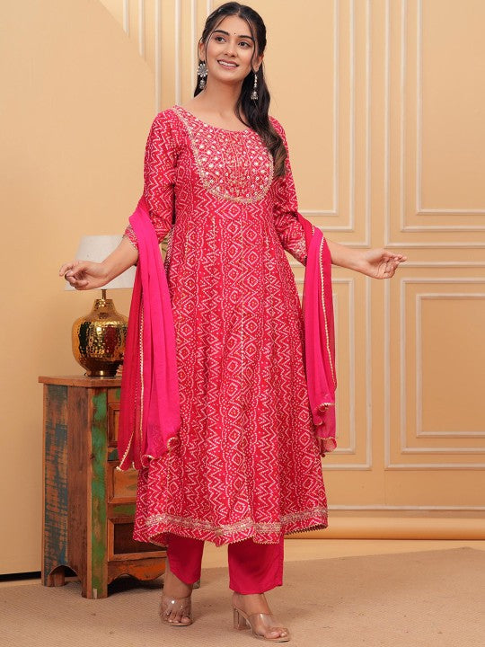 TOULIN Bandhani Printed Regular Mirror Work Kurta With Trousers & Dupatta