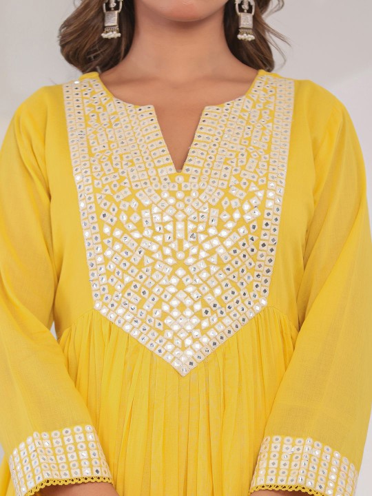CHETI Geometric Yoke Design Pleated Mirror Work Anarkali Kurta With Trousers & Dupatta
