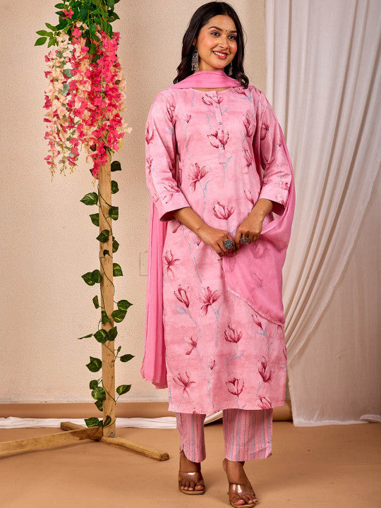 stylesutraa vogue Women Floral Printed Round Neck Straight Kurta with Pyjamas & Dupatta