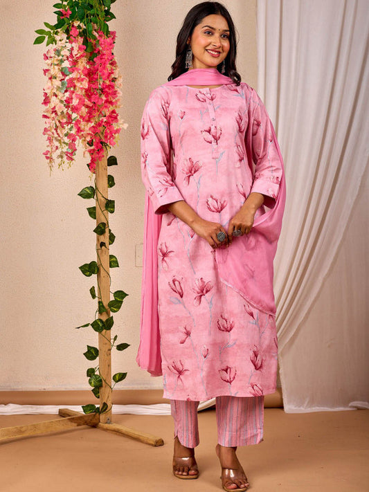stylesutraa vogue Women Floral Printed Round Neck Straight Kurta with Pyjamas & Dupatta